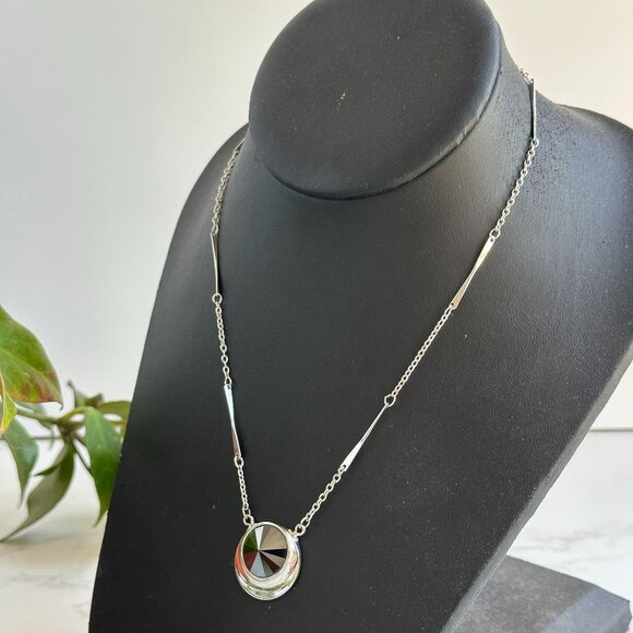 Sarah Coventry Silver Tone Necklace with Faceted Hematite Pendant Modernist Desi - Picture 2 of 9